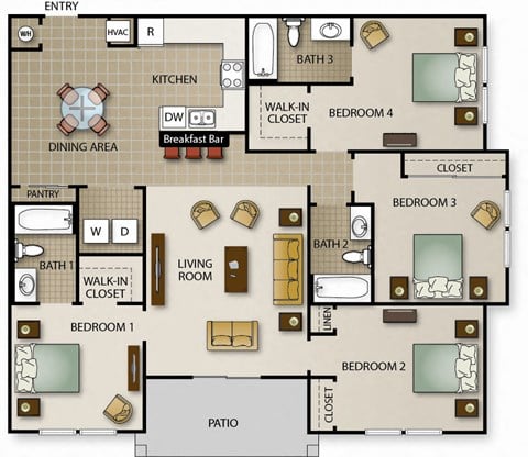 Floor plan for 4 beds, 3 baths, 1424 sqft